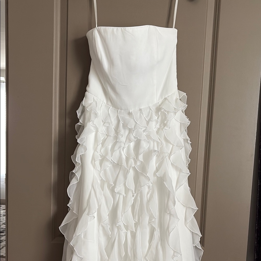 White House Black Market White Asymmetrical Ruffled Strapless Dress